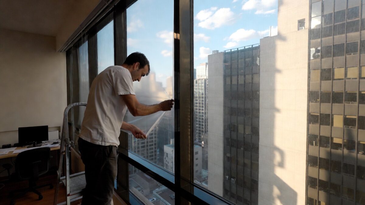 person installing commercial window film image