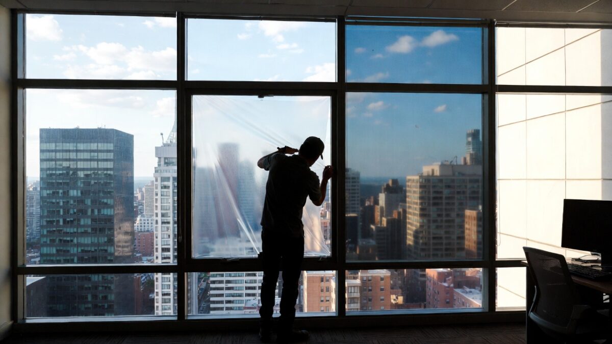 person installing commercial window film image