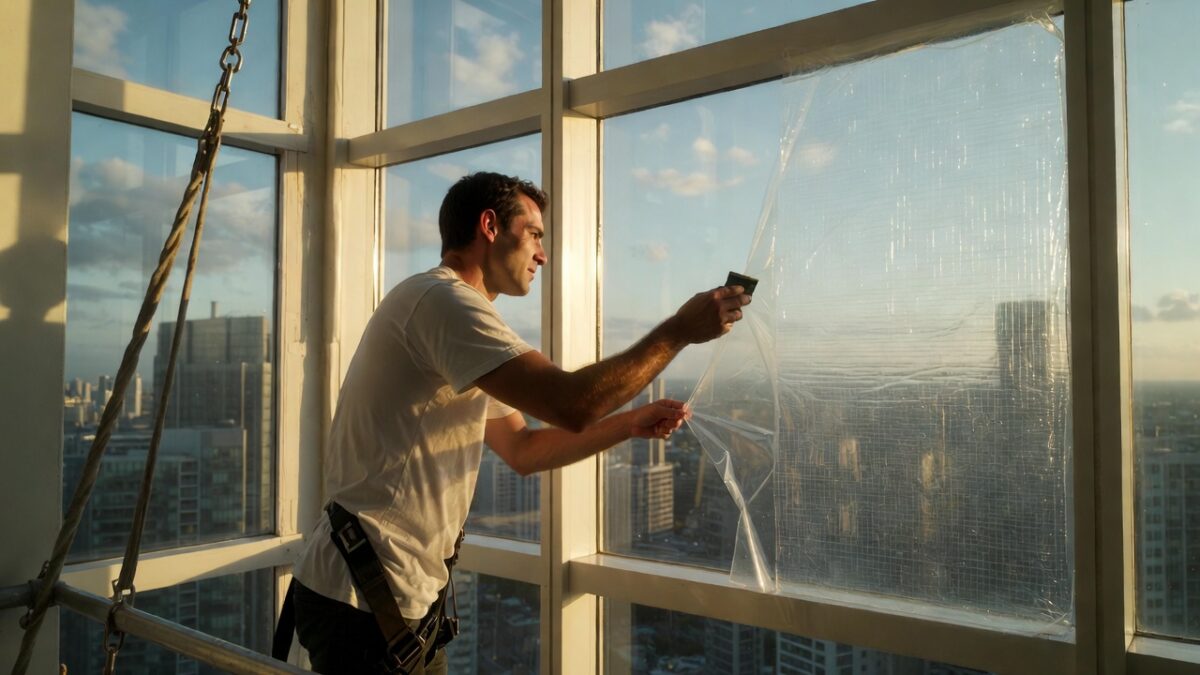 person installing commercial window film image