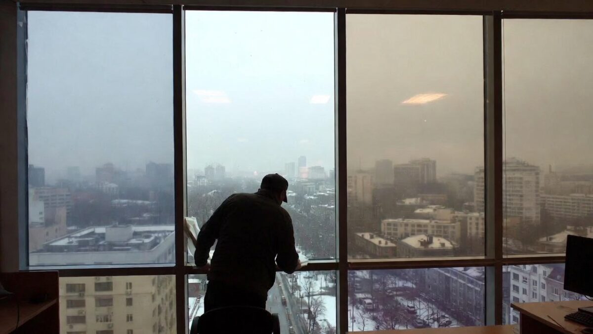 person installing window film in the winter