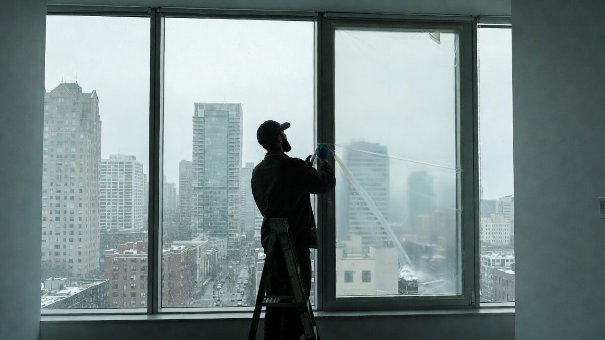 person installing window film in the winter