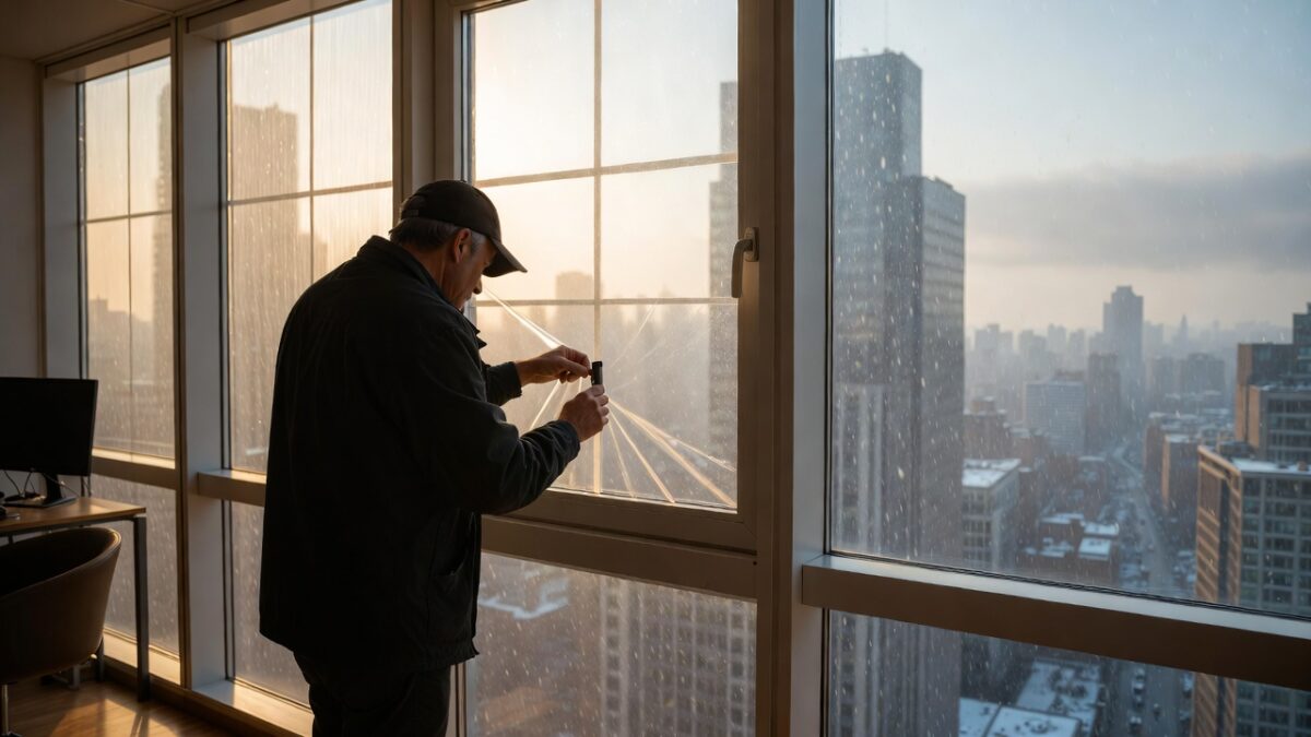 person installing window film in the winter