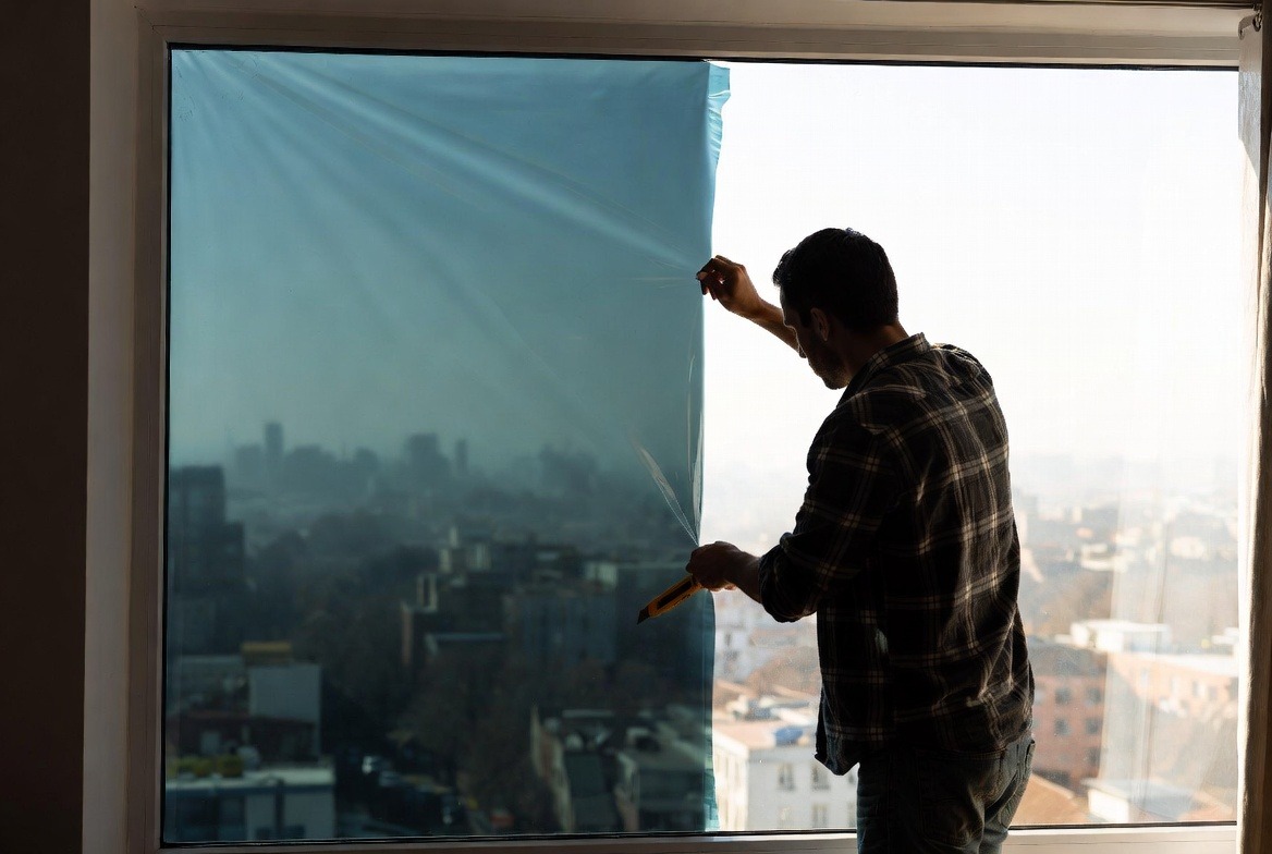 person-installing-window-film-on-glass